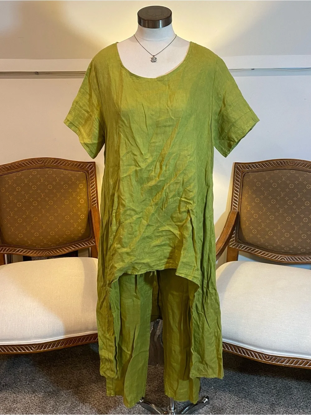 Lime Green 100% Linen Tunic & Pants Set Made in Italy Asymmetric Wide-Leg Boho
